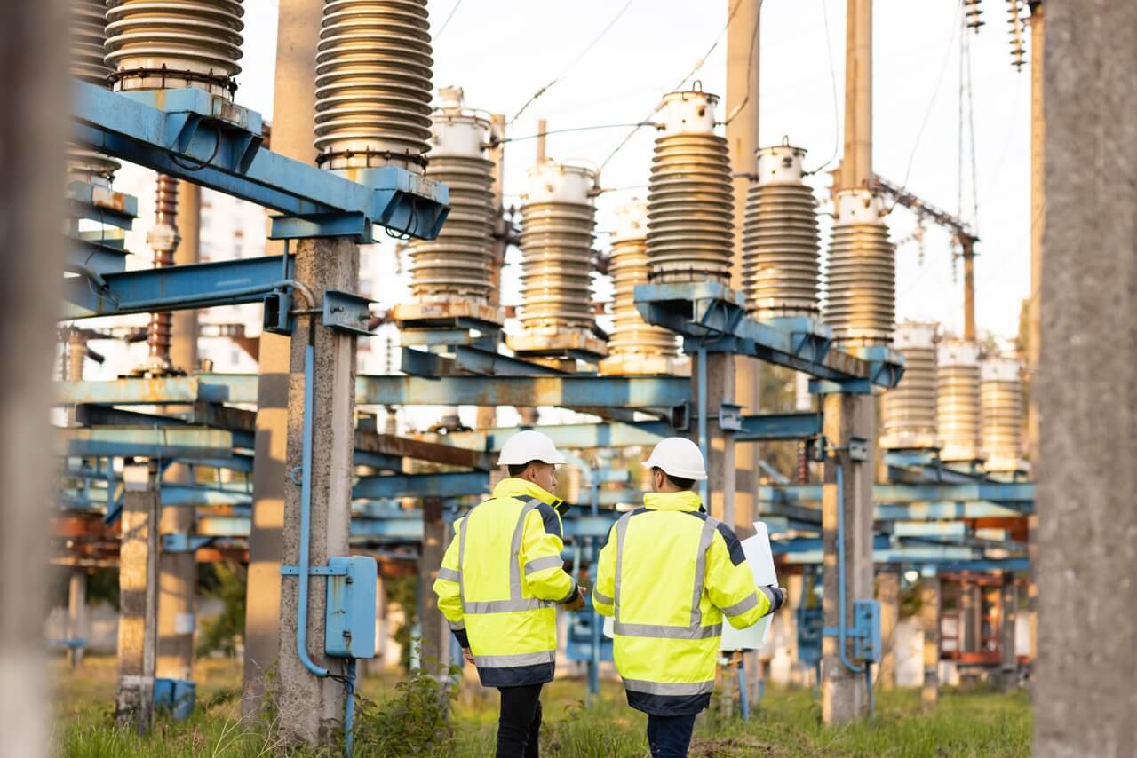 Two technicians walking through a power station